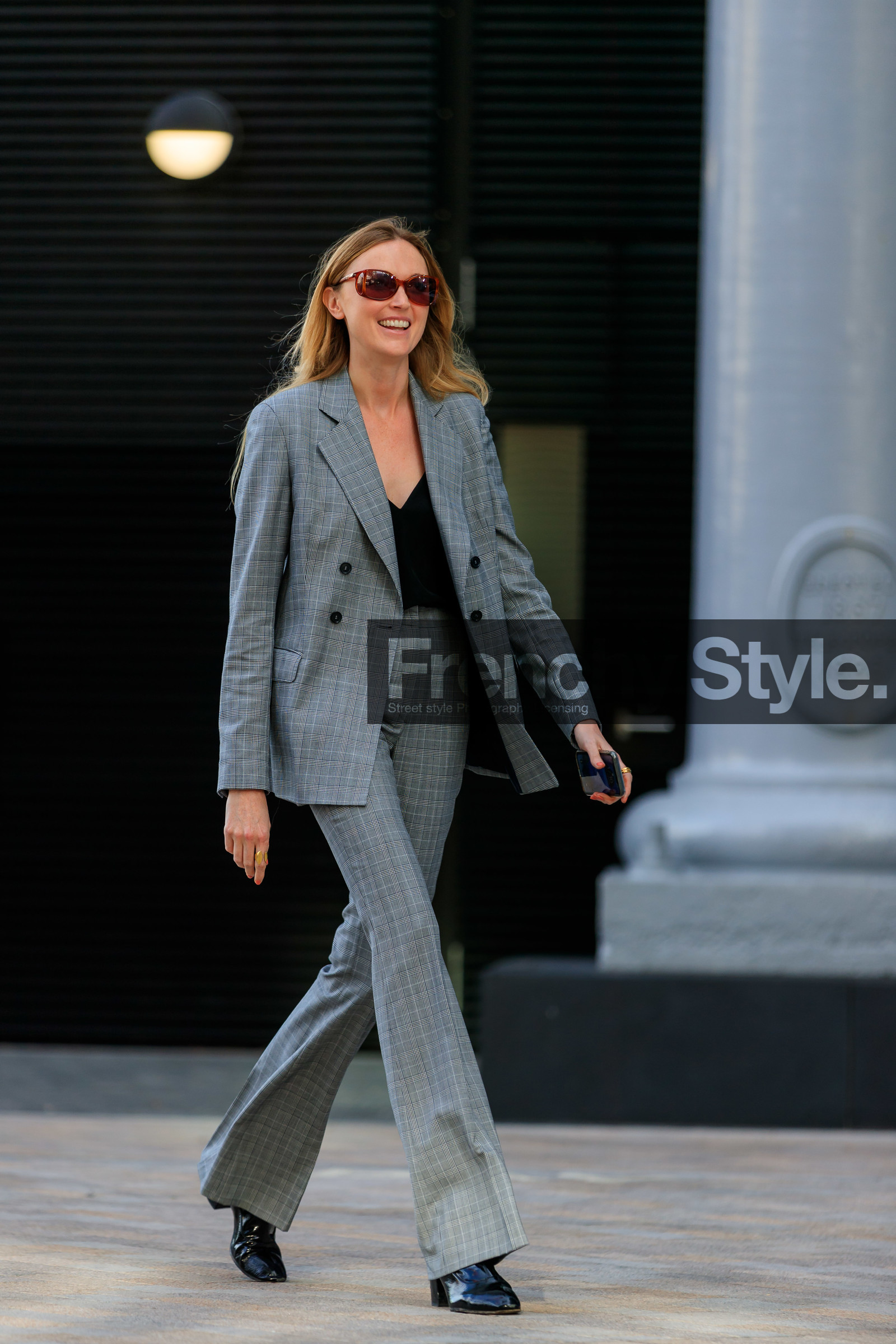 persol sunglasses, brown scale sunglasses, suits, checked suits, plaid jacket, checked jacket, checked pants, plaid pants, flare pants, black polish boots, fashion week, frenchystyle, FW, jonathan paciullo, street style, vertical, full length