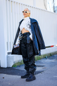 gucci sunglasses, golden big earrings, cropped shirt, full white look, black parka, black jacket, black pants, highwaisted leather pants, chiquito bag, jacquemus bag, black belt bag, chunky black boots, leather boots, white hair, embriodered shirt, fashion week, frenchystyle, FW, jonathan paciullo, street style, MFW, MILAN, FALL WINTER 2022_2023, AUTUMN WINTER 2022-2023, FW 22-23, vertical, full length
