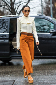 AUTUMN WINTER 2016-2017, AW 16-17, beige shoes, beige wedges, brown belt, camel pants, FALL WINTER 2016-2017, fashion week, frenchystyle, full length, FW, FW 16-17, high heels, jonathan paciullo, leather belt, leather pants, leather shoes, LFW, LONDON, MENSWEAR, nude sandals, street style, suede pants, sunglasses, trousers, vertical, white knit, white sweater, yoyo cao