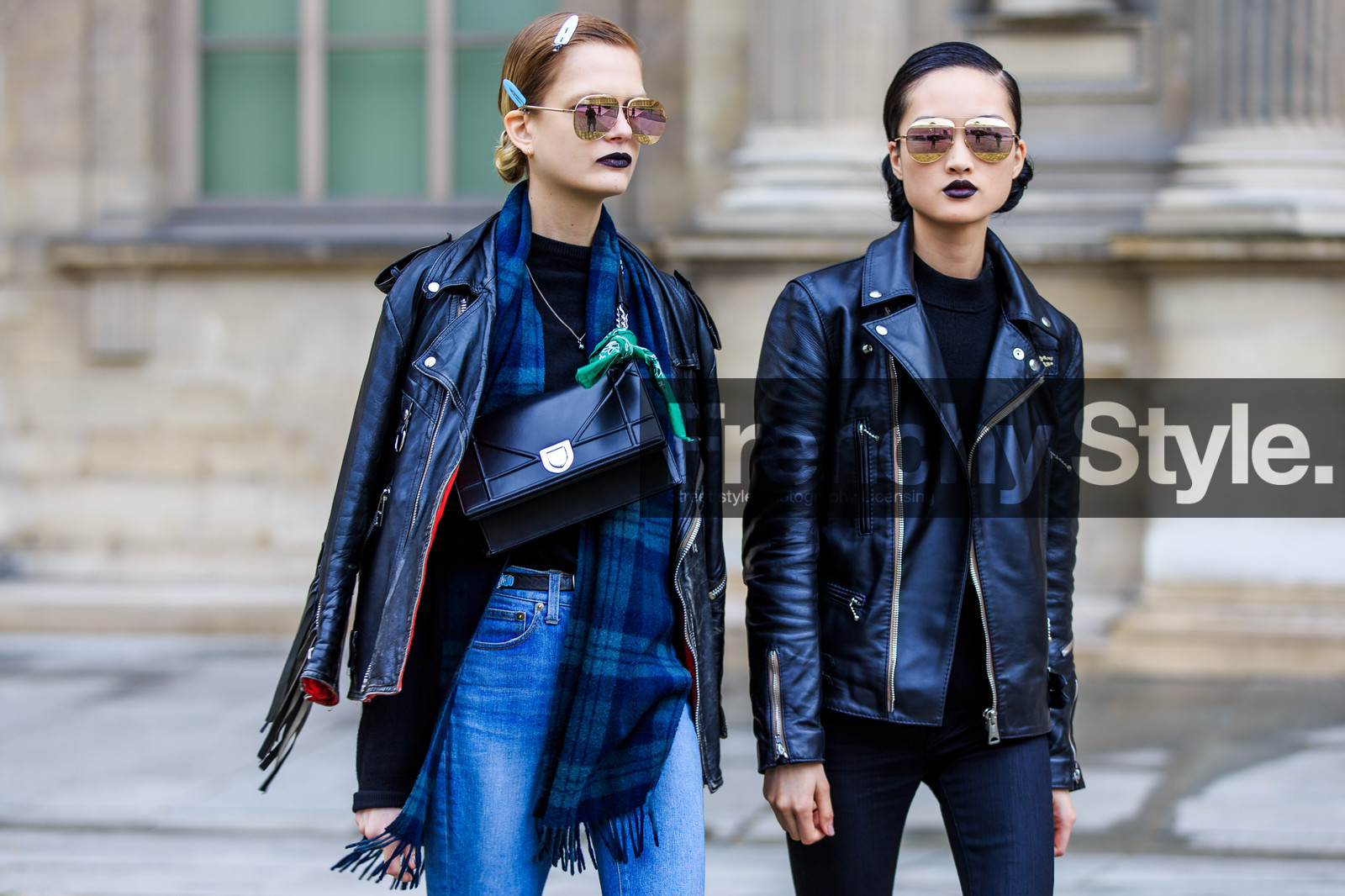 atmosphere details, AUTUMN WINTER 2016-2017, aviator sunglasses, AW 16-17, black bag, black denim, black jacket, black lips, black perfecto, blue denim, blue scarf, checked scarf, christian dior, denim pants, detail, FALL WINTER 2016-2017, fashion week, frenchystyle, FW, FW 16-17, horizontal, jeans, jonathan paciullo, leather bag, leather jacket, leather perfecto, levi's, levi's strauss, mirror effect, model, over the shoulder, PARIS, PFW, plaid, printed scarf, pulled back hair, street style, sunglasses, tartan, trousers, wet hair