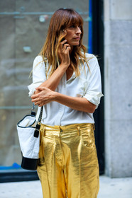 atmosphere details, black and white bag, black bag, caroline de maigret, chanel, detail, fashion week, frenchystyle, FW, golden pants, jonathan paciullo, leather bag, NEW YORK, NYFW, shiny pants, SPRING SUMMER 2018, SS 18, street style, trousers, vertical, white shirt
