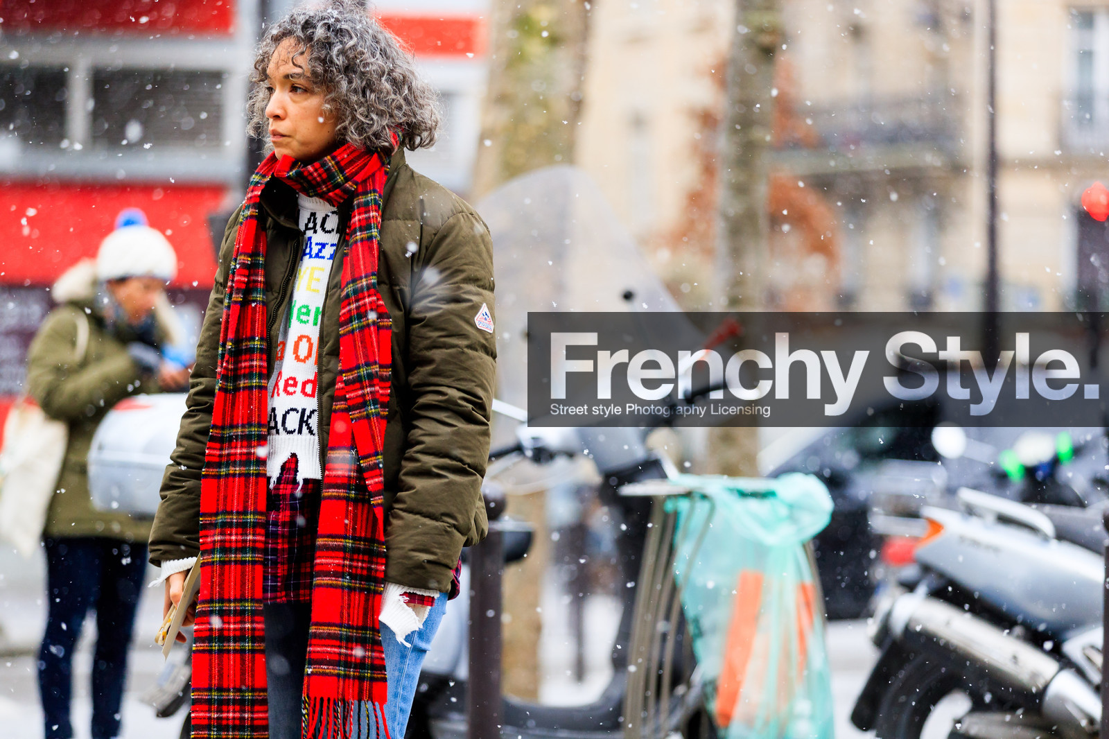 blue denim, checked, denim pants, down jacket, green jacket, jeans, plaid, red scarf, tartan, trousers, white sweater, fashion week, frenchystyle, FW, jonathan paciullo, street style, PFW, PARIS, AUTUMN WINTER 2018-2019, FALL WINTER 2018-2019, FW 18-19, horizontal, atmosphere details