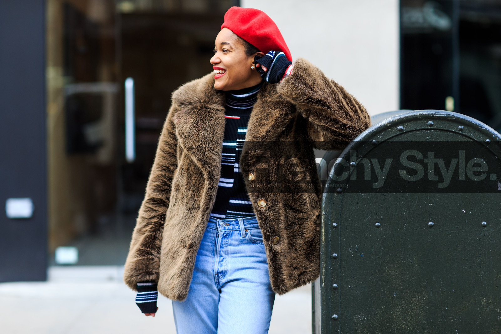 atmosphere details, AUTUMN WINTER 2016-2017, AW 16-17, beret, black sweater, blue denim, brown fur, brown jacket, denim pants, detail, FALL WINTER 2016-2017, fashion week, frenchystyle, fur jacket, FW, FW 16-17, horizontal, jeans, jonathan paciullo, NEW YORK, NYFW, printed sweater, red hat, street style, striped sweater, tamu mcpherson, trousers, woman