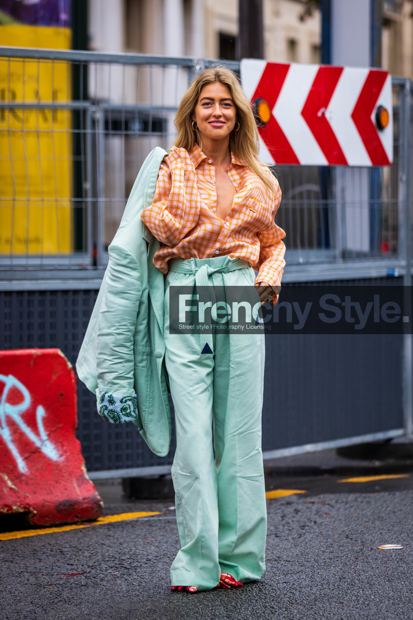 bag, belted pants, blazer, check, checked bag, checked shirt, color, Emili Sindlev, flare pants, fluid pants, green bag, lanvin look, mint blazer, mint pants, pants, printed shirt, shirt, fashion week, frenchystyle, FW, jonathan paciullo, street style, PFW, PARIS, SPRING SUMMER 2022, SS 22, vertical, full length