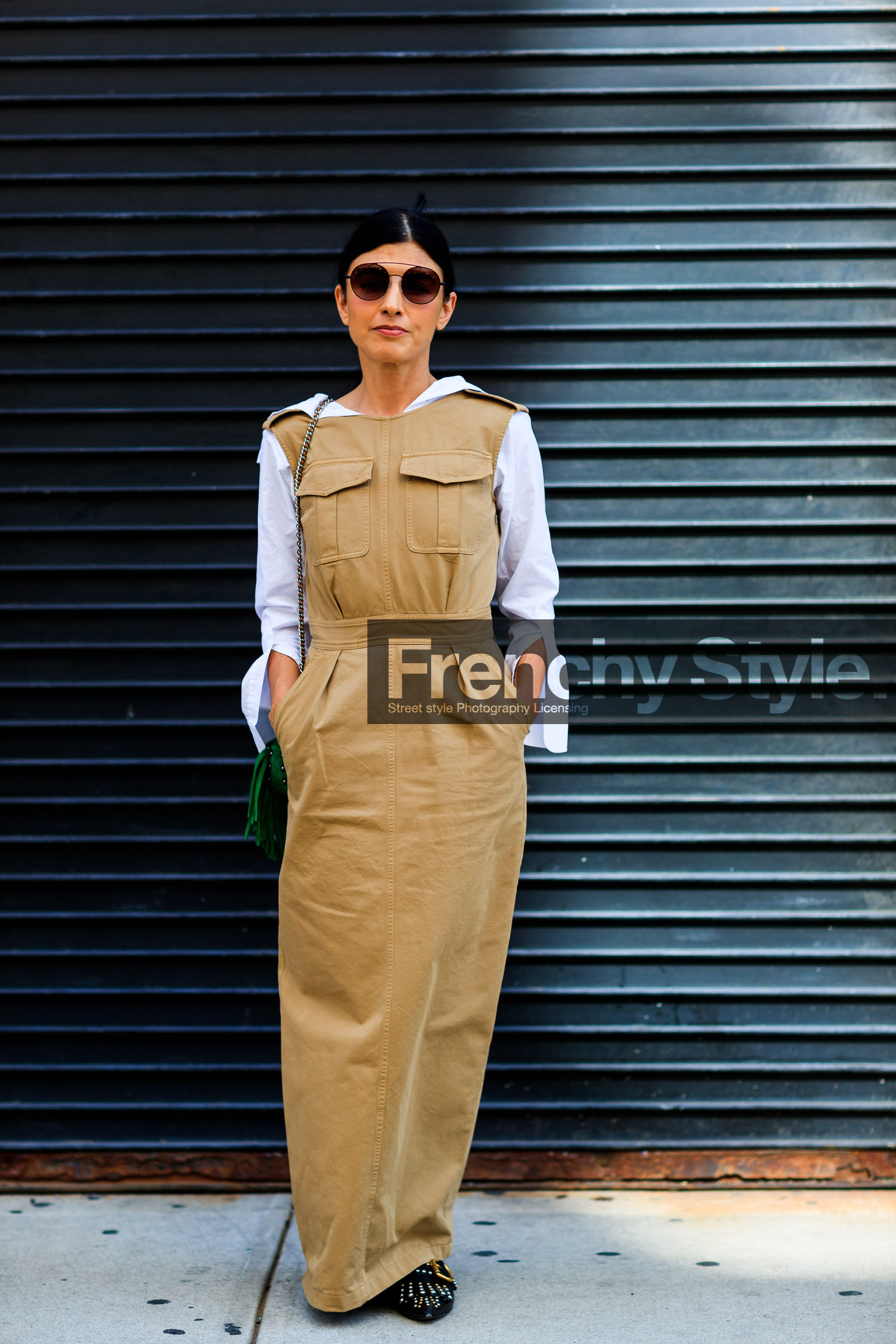 beige dress, black shoes, fashion week, frenchystyle, full length, FW, jonathan paciullo, julie ragolia, leather shoes, NEW YORK, NYFW, SPRING SUMMER 2018, SS 18, street style, sunglasses, vertical, white shirt