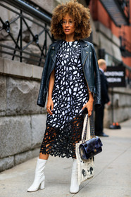 black and white, black bag, black jacket, black perfecto, chanel, elaine welteroth, fashion week, frenchystyle, full length, FW, graphic dress, high heels, jonathan paciullo, leather bag, leather jacket, leather perfecto, leather shoes, NEW YORK, NYFW, over the shoulder, printed dress, SPRING SUMMER 2018, SS 18, street style, tote bag, vertical, white boots