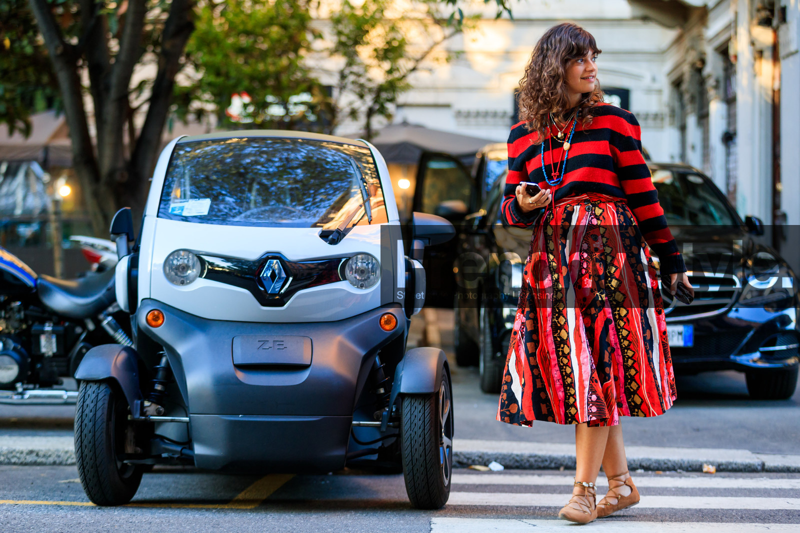 atmosphere details, brown shoes, fashion week, frenchystyle, full length, FW, graphic skirt, graphic sweater, horizontal, jonathan paciullo, leather shoes, MFW, MILAN, printed skirt, printed sweater, red skirt, red sweater, SPRING SUMMER 2018, SS 18, street style, striped sweater