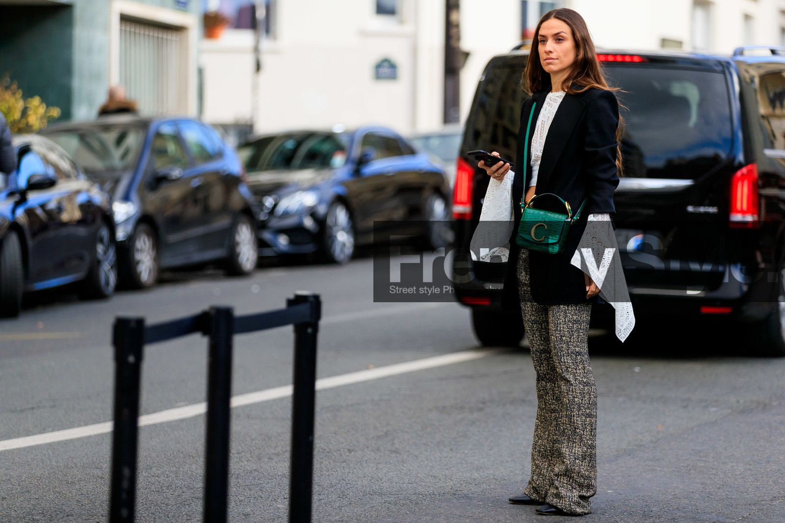 black jacket, blazer, chloé, crop top, erika boldrin, graphic pants, green bag, grey pants, lace top, leather bag, printed pants, trousers, white top, PARIS, PFW, street style, jonathan paciullo, FW, frenchystyle, fashion week, AUTUMN WINTER 2019-2020, AW 19-20, FALL WINTER 2019-2020, FW 19-20, horizontal, atmosphere details, full length