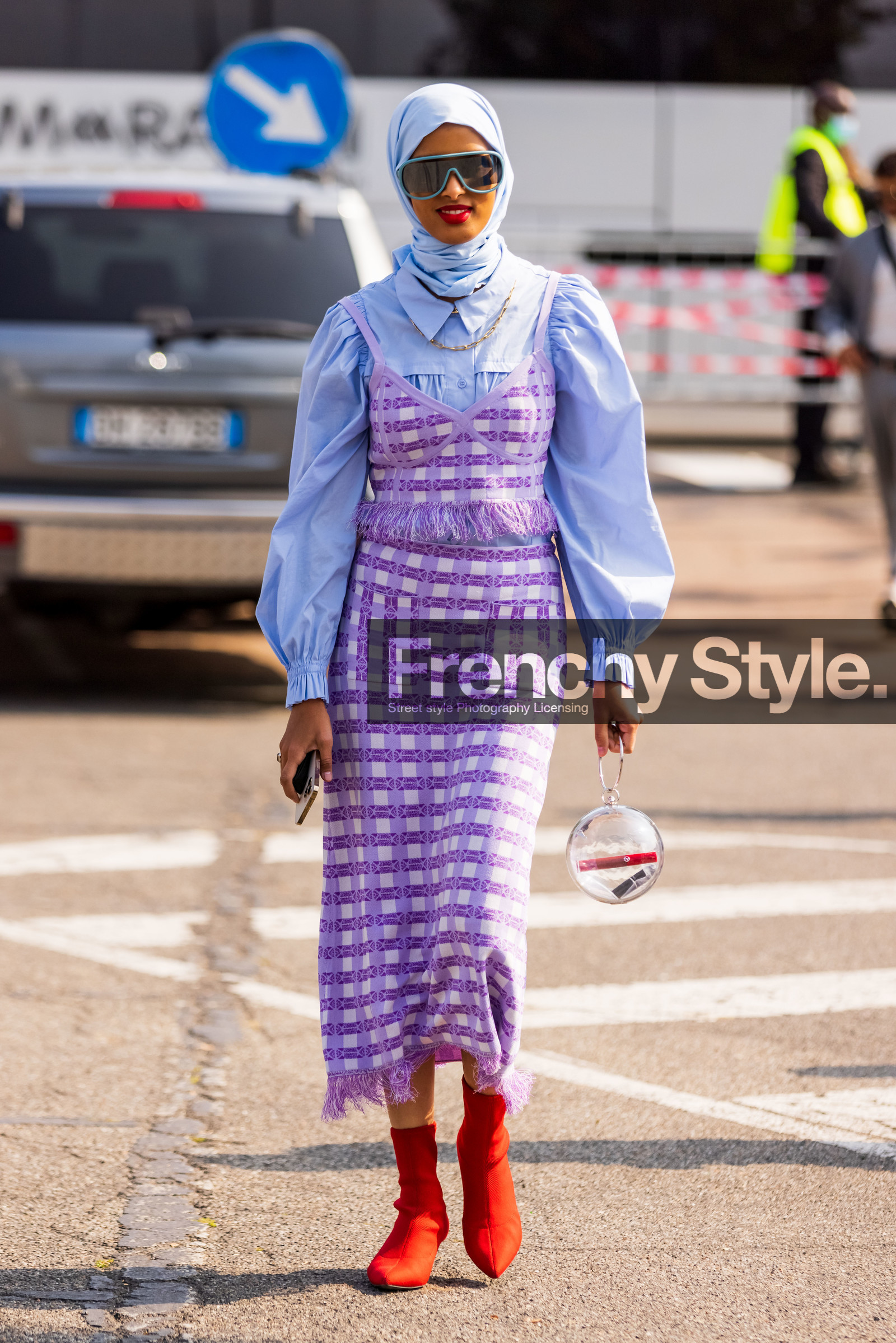 blouse, blue blouse, check, color, gather sleeves, hijab, mask sunglasses, pastel, print, puff sleeves, purple skirt, purple top, red boots, skirt, statement bag, sunglasses, top, transparent bag, fashion week, frenchystyle, FW, jonathan paciullo, street style, MFW, MILAN, SPRING SUMMER 2022, SS 22, vertical, full length