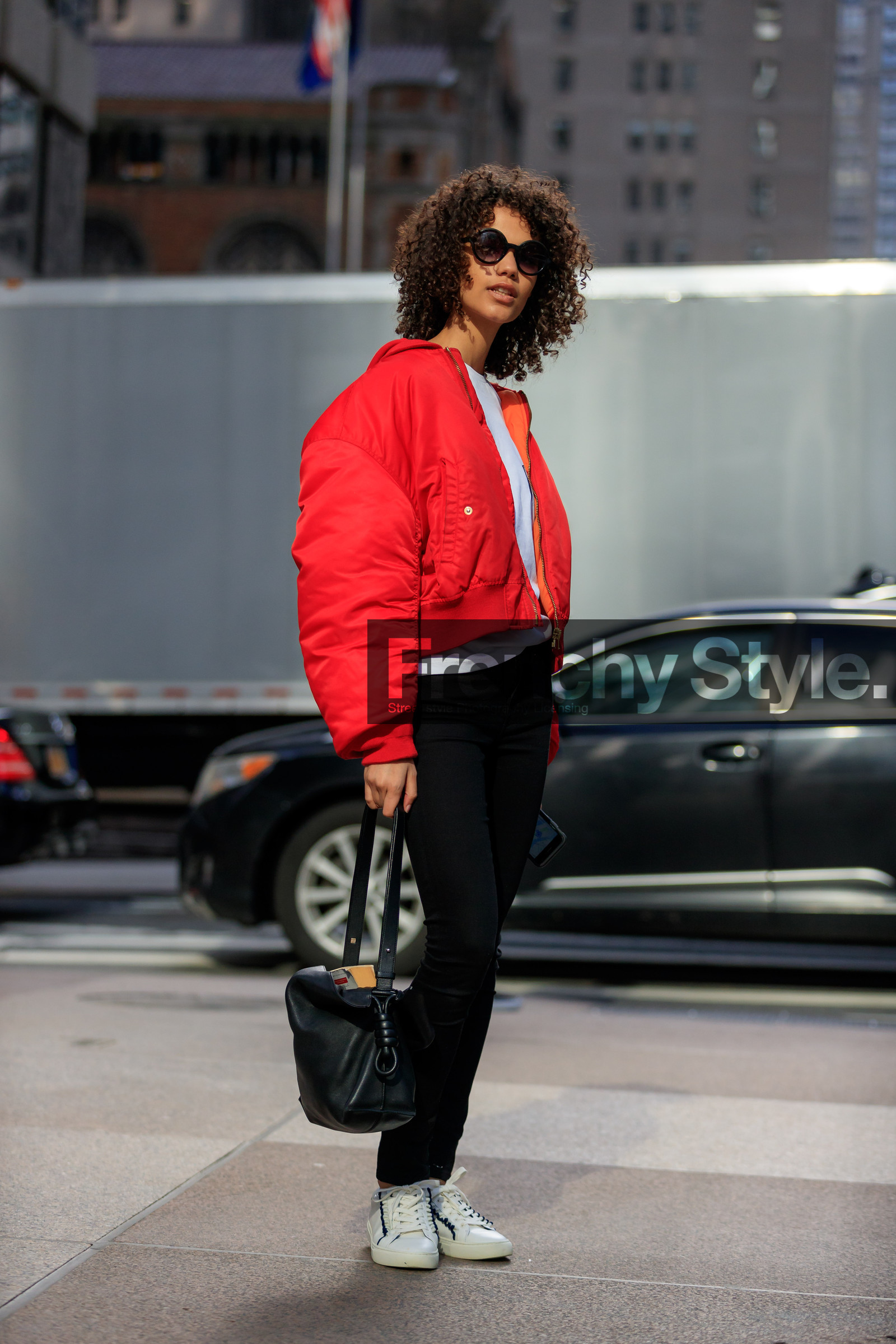 black bag, black denim, bomber jacket, denim pants, jeans, leather bag, leather shoes, loewe, red jacket, sunglasses, trousers, white sneakers, white sweater, street style, jonathan paciullo, FW, frenchystyle, fashion week, NYFW, NEW YORK, AUTUMN WINTER 2018-2019, AW 18-19, FALL WINTER 2018-2019, FW 18-19, vertical, full length, model