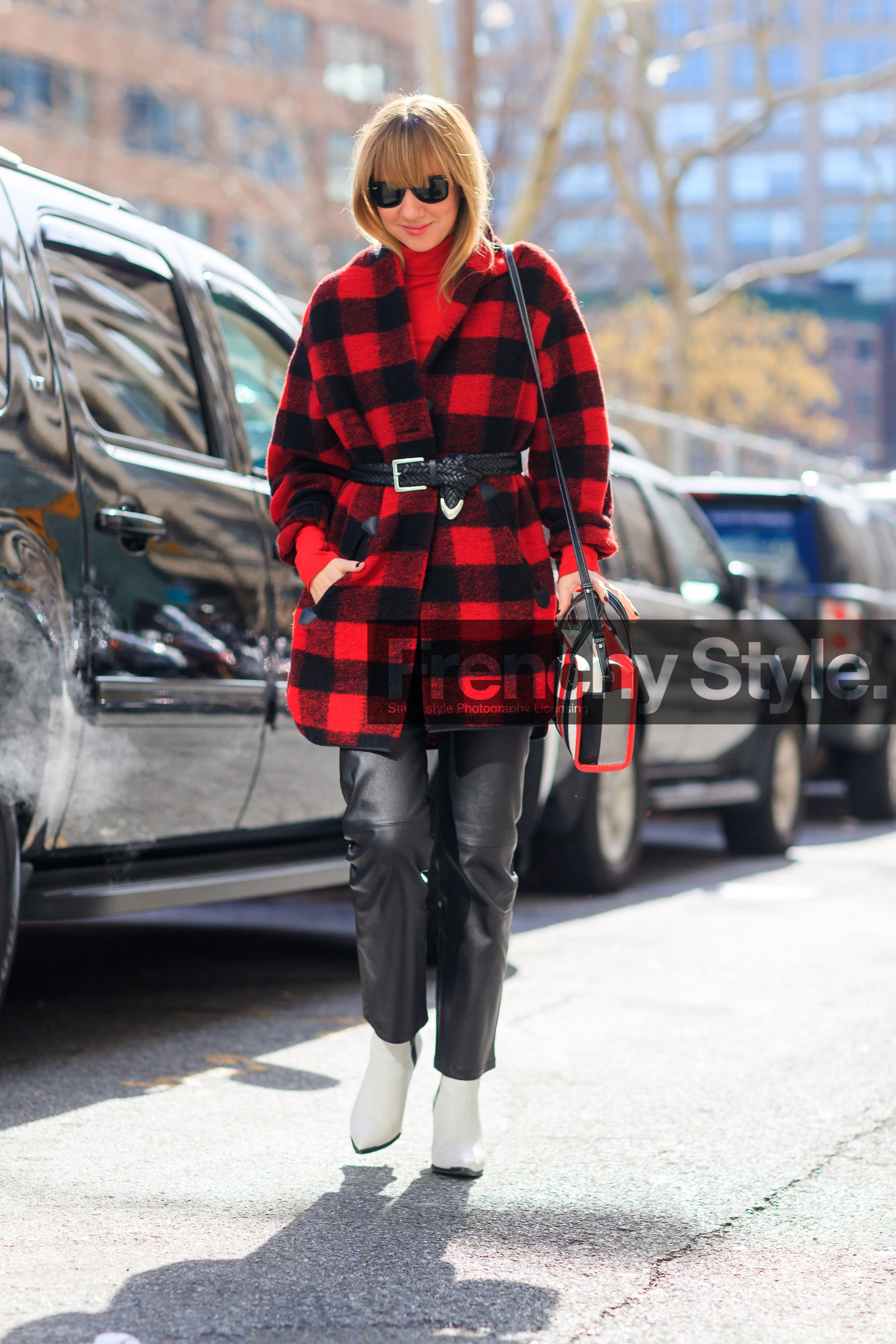 balenciaga, black belt, black pants, checked, graphic bag, graphic jacket, high heels, leather bag, leather belt, leather pants, leather shoes, plaid, printed bag, printed jacket, red bag, red coat, striped bag, sunglasses, white shoes, street style, jonathan paciullo, FW, frenchystyle, fashion week, NYFW, NEW YORK, AUTUMN WINTER 2018-2019, AW 18-19, FALL WINTER 2018-2019, FW 18-19, vertical, full length, lisa aiken