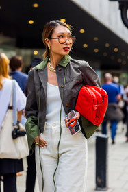 Rosana Lai, pouch, white, trousers, red, Bags, leather, brown, jacket, green, green shirt, top, sunglasses, necklace, fashion week, frenchystyle, FW, jonathan paciullo, street style, SPRING SUMMER 2022, SS 22, LFW, LONDON, vertical, atmosphere details, detail