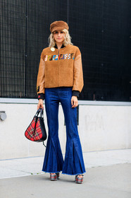 blue denim, brown cap, brown jacket, caro daur, checked bag, corduroy, denim pants, earrings, fashion week, fendi, flare jean, frenchystyle, full length, FW, graphic bag, graphic shoes, high heels, high waist, jeans, jonathan paciullo, leather bag, leather jacket, leather shoes, NEW YORK, NYFW, plaid, printed bag, printed shoes, red bag, shearling, SPRING SUMMER 2018, SS 18, street style, tartan, trousers, vertical