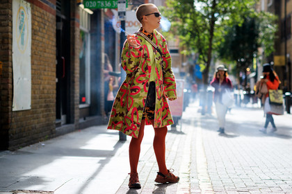 black skirt, floral, flowers, graphic jacket, green jacket, leather shoes, printed jacket, red sneakers, shaved head, sunglasses, tights, fashion week, frenchystyle, FW, jonathan paciullo, street style, LFW, LONDON, SPRING SUMMER 2019, SS 19, atmosphere details, horizontal, full length