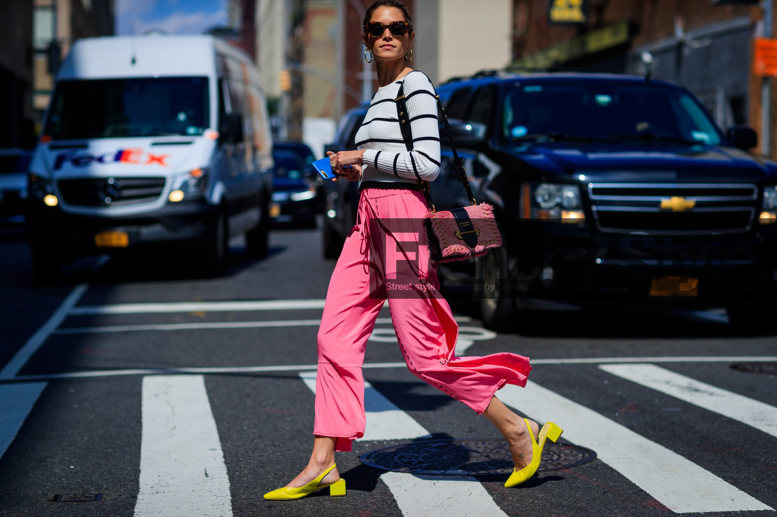 atmosphere details, fashion week, frenchystyle, full length, fur bag, FW, geometric, graphic sweater, helena bordon, high heels, horizontal, iphone, jonathan paciullo, leather bag, leather shoes, NEW YORK, NYFW, pink bag, pink pants, prada, printed sweater, SPRING SUMMER 2018, SS 18, street style, striped top, sunglasses, trousers, white sweater, yellow shoes