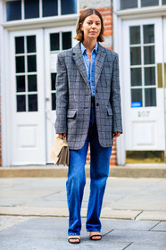 annina mislin, beige bag, black shoes, blazer, blue denim, checked jacket, denim pants, denim shirt, fashion week, frenchystyle, full length, FW, graphic jacket, grey jacket, jeans, jonathan paciullo, leather bag, m2malletier, NEW YORK, NYFW, plaid, printed jacket, SPRING SUMMER 2018, SS 18, street style, trousers, vertical