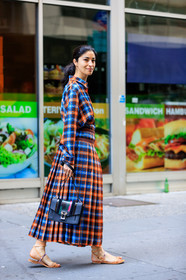 black bag, caroline issa, checked shirt, checked skirt, fashion week, frenchystyle, full length, FW, graphic shirt, graphic skirt, jonathan paciullo, leather bag, NEW YORK, NYFW, plaid, pleated skirt, printed shirt, printed skirt, SPRING SUMMER 2018, SS 18, street style, vertical