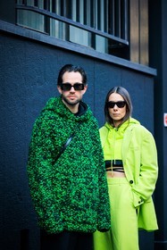 printed hoodie, black pants, black boots, leather boots, cropped hoodie, fluo green hoodie, crossed laces top, printed fluo look, black sunglasses, fluo green pants, black sunglasses, cat eye sunglasses, fluo green suit, alice barbier, JS roques, alice & j.s, fashion week, frenchystyle, FW, jonathan paciullo, street style, vertical, atmosphere details, detail