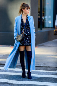 jenny cipoletti, black dress, black suede boots, black leather bag, crossbody bag, animal skin bag, mulberry bag, silk dress, low necked dress, mini dress, printed dress, lace dress, pleated dress, light blue coat, light blue dress, long coat, high boots, fashion week, frenchystyle, FW, jonathan paciullo, street style, AUTUMN WINTER 2020-2021, FALL WINTER 2020-2021, FW 20-21, vertical, full length, NYFW, NEW YORK