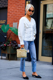 black mules, blue denim, denim pants, dyed hair, earrings, fashion week, frenchystyle, full length, FW, jeans, jonathan paciullo, necklace, NEW YORK, NYFW, SPRING SUMMER 2018, SS 18, straw bag, street style, sunglasses, trousers, vanessa hong, vertical, white shirt