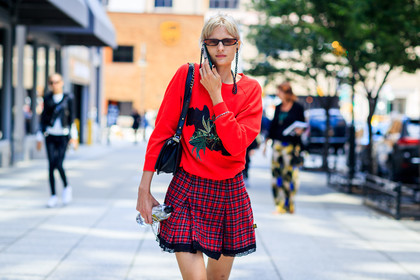 atmosphere details, black bag, checked skirt, detail, fashion week, frenchystyle, fun sunglasses, FW, graphic skirt, horizontal, jonathan paciullo, leather bag, model, NEW YORK, NYFW, plaid, printed skirt, printed sweater, red skirt, red sweater, SPRING SUMMER 2018, SS 18, street style, sunglasses, tartan