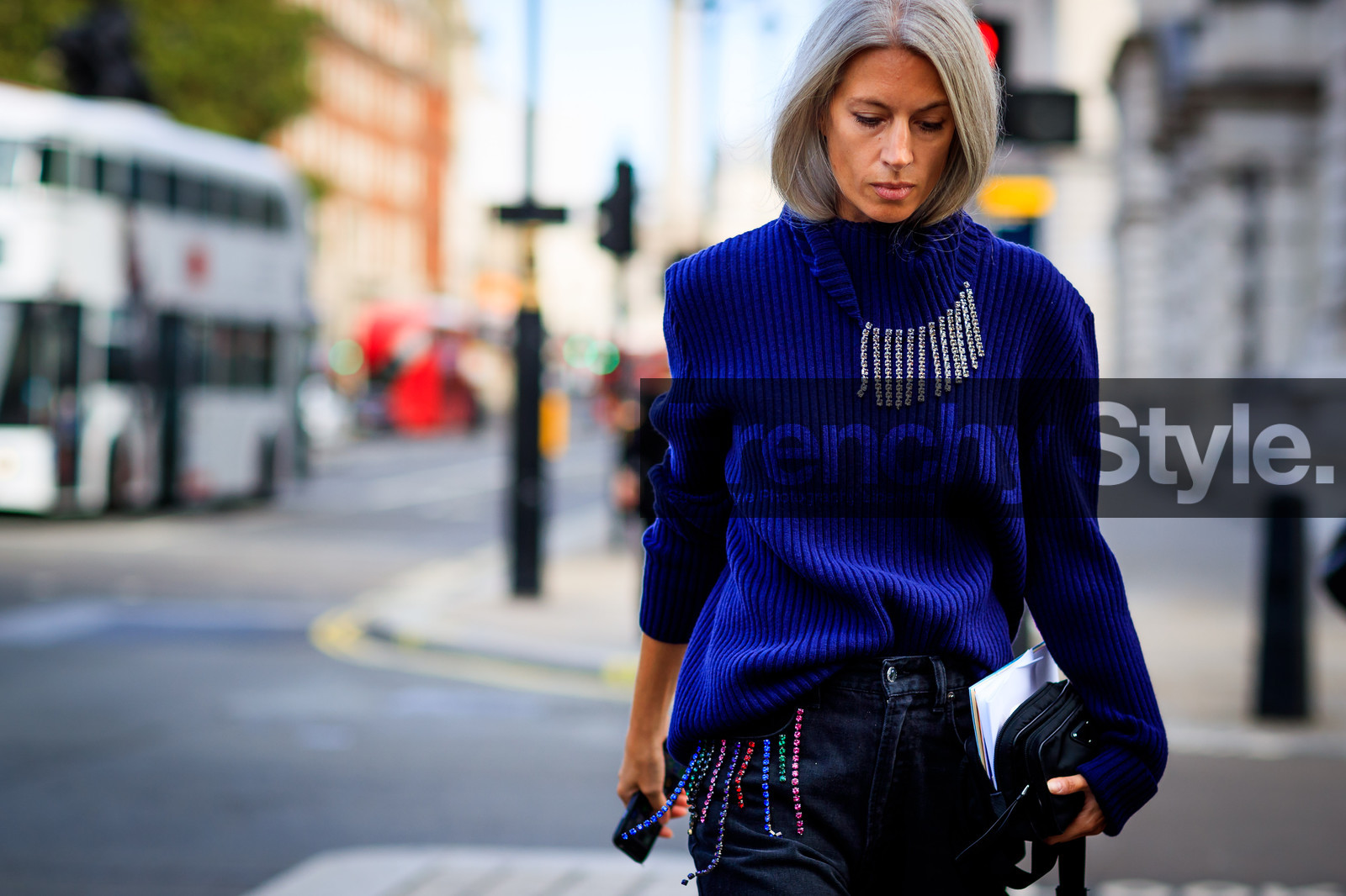 black bag, black denim, blue sweater, denim pants, embroidered sweater, glitter, jeans, leather bag, prada, sarah harris, sequined sweater, trousers, fashion week, frenchystyle, FW, jonathan paciullo, street style, LFW, LONDON, SPRING SUMMER 2019, SS 19, atmosphere details, horizontal, detail