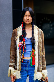 atmosphere details, blue denim, blue tank top, braids, brown jacket, denim pants, detail, fashion week, frenchystyle, fur collar, FW, hair jewels, jeans, jonathan paciullo, model, NEW YORK, NYFW, shearling, SPRING SUMMER 2018, SS 18, street style, trousers, varsha thapa, vertical
