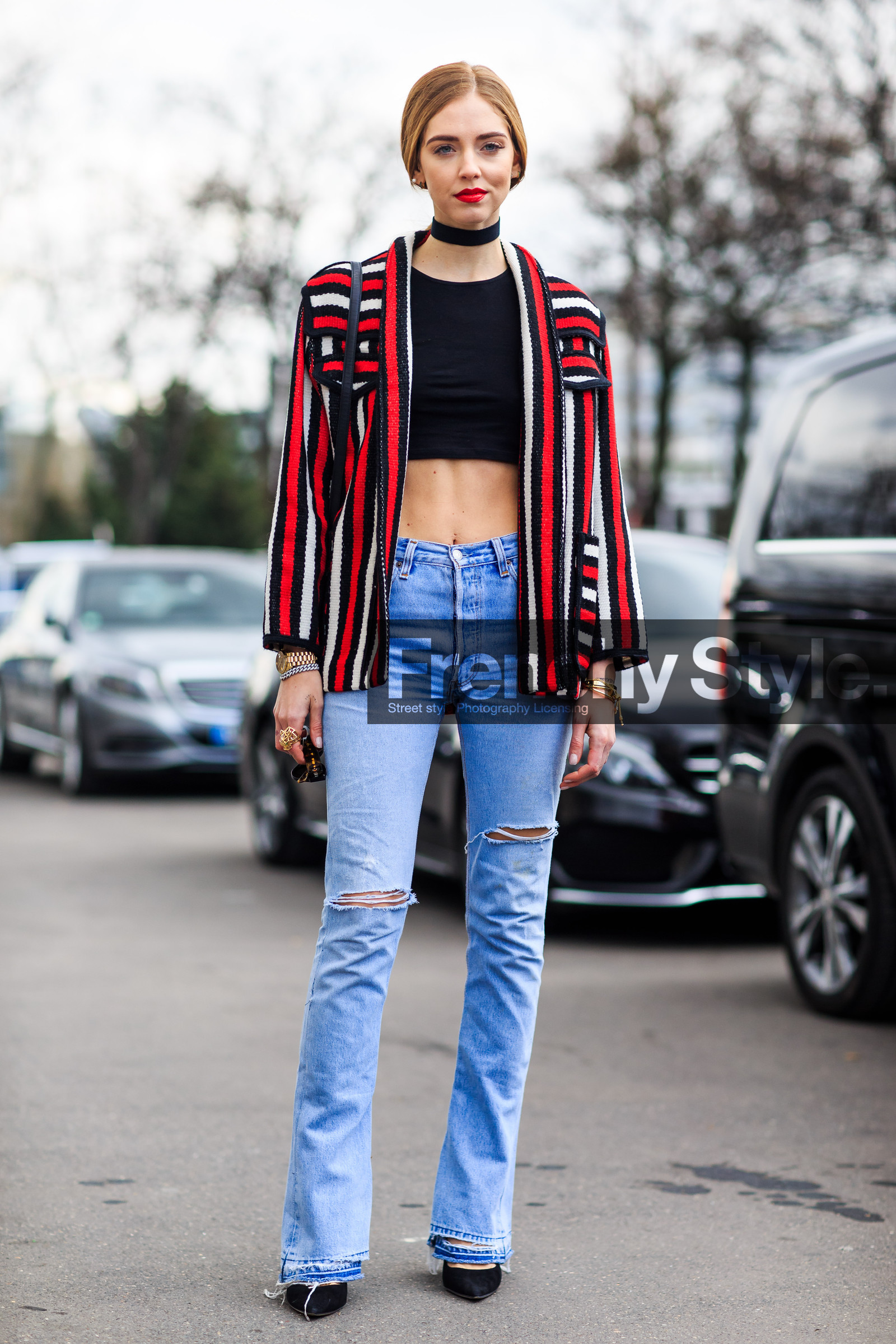 AUTUMN WINTER 2016-2017, AW 16-17, black shoes, black top, blazer, blue denim, chiara ferragni, choker, crop top, denim pants, FALL WINTER 2016-2017, fashion week, frenchystyle, full length, FW, FW 16-17, graphic jacket, high heels, jeans, jonathan paciullo, necklace, PARIS, PFW, red jacket, ripped pants, street style, striped jacket, trousers, vertical