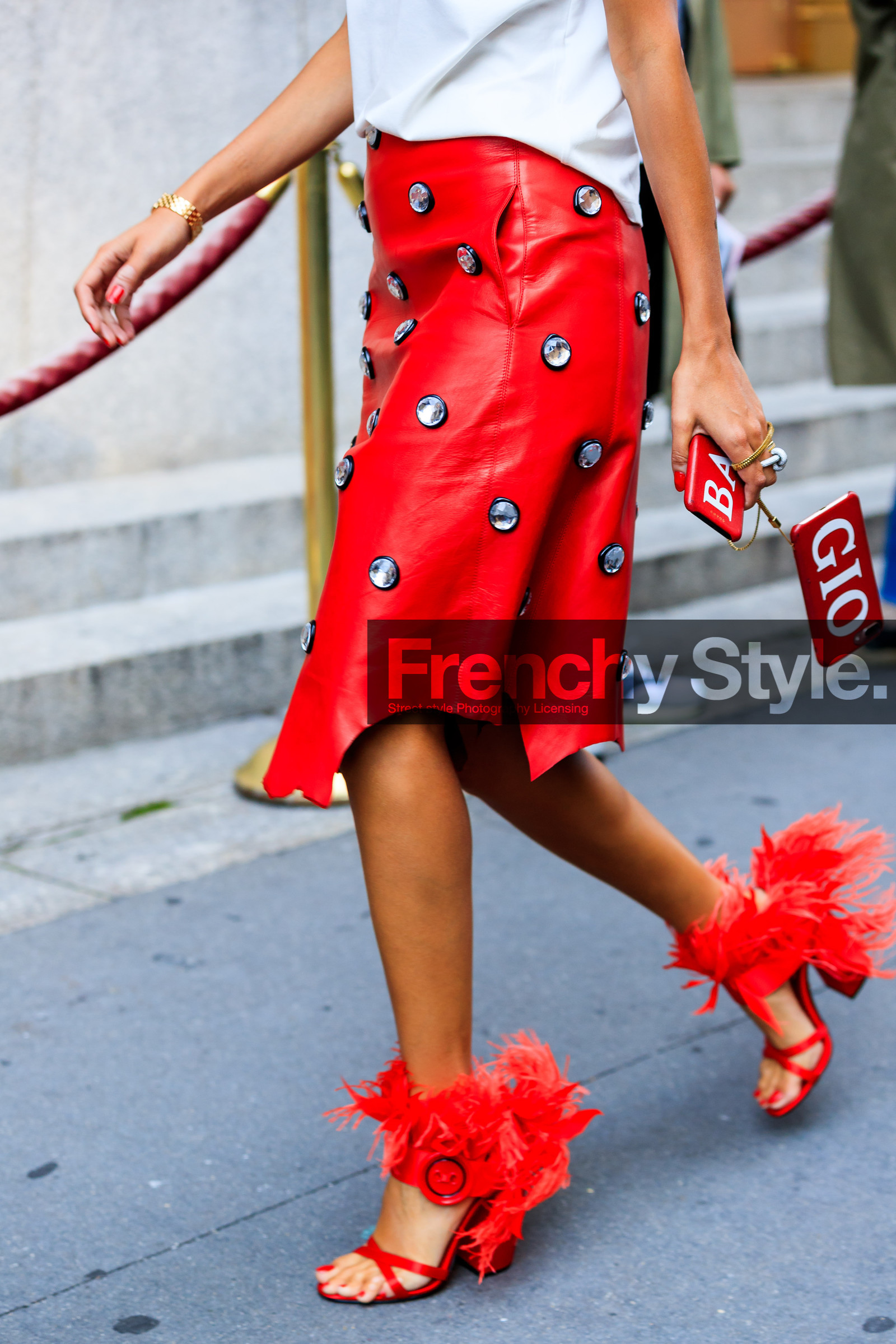 atmosphere details, detail, embroidered skirt, fashion week, frenchystyle, fur shoes, FW, giovanna battaglia, high heels, iphone, jonathan paciullo, leather shoes, leather skirt, NEW YORK, NYFW, red shoes, red skirt, SPRING SUMMER 2018, SS 18, street style, studs, vertical, white t shirt