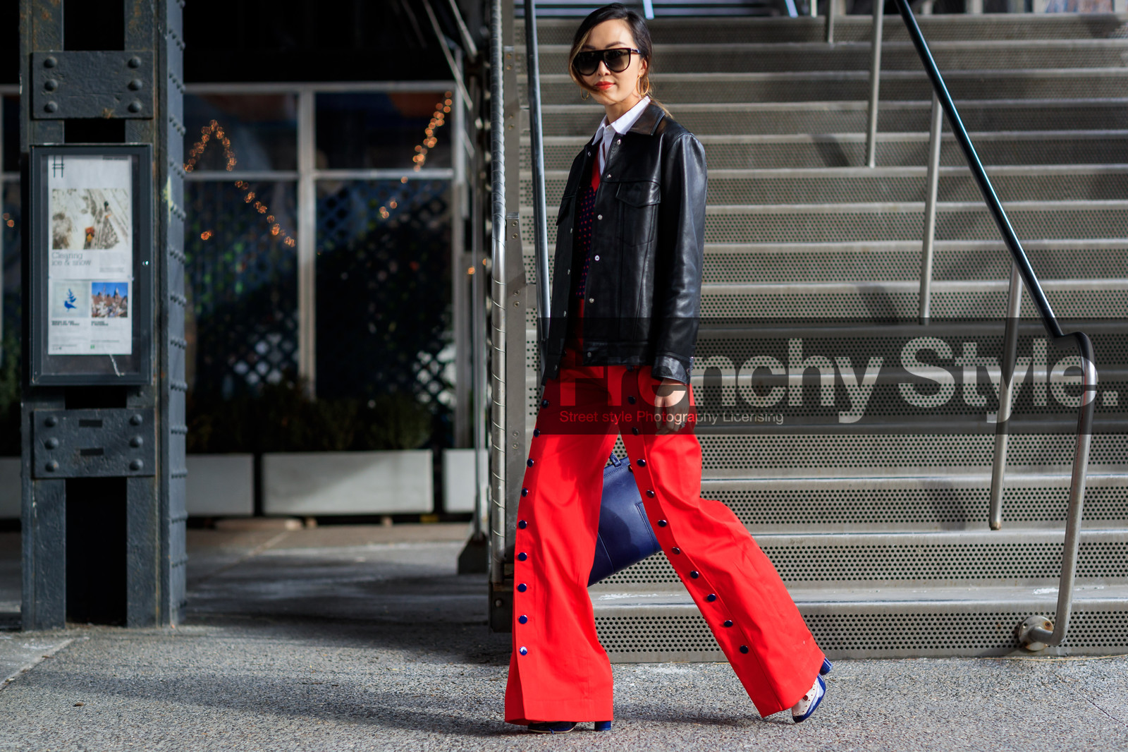 atmosphere details, AUTUMN WINTER 2017-2018, AW 17-18, bandana, black bag, black jacket, blue bag, blue sweater, Chriselle Lim, FALL WINTER 2017-2018, fashion week, frenchystyle, full length, FW, FW 17-18, horizontal, jonathan paciullo, leather bag, leather jacket, NEW YORK, NYFW, printed sweater, red lips, red pants, street style, sunglasses, trousers, white shirt