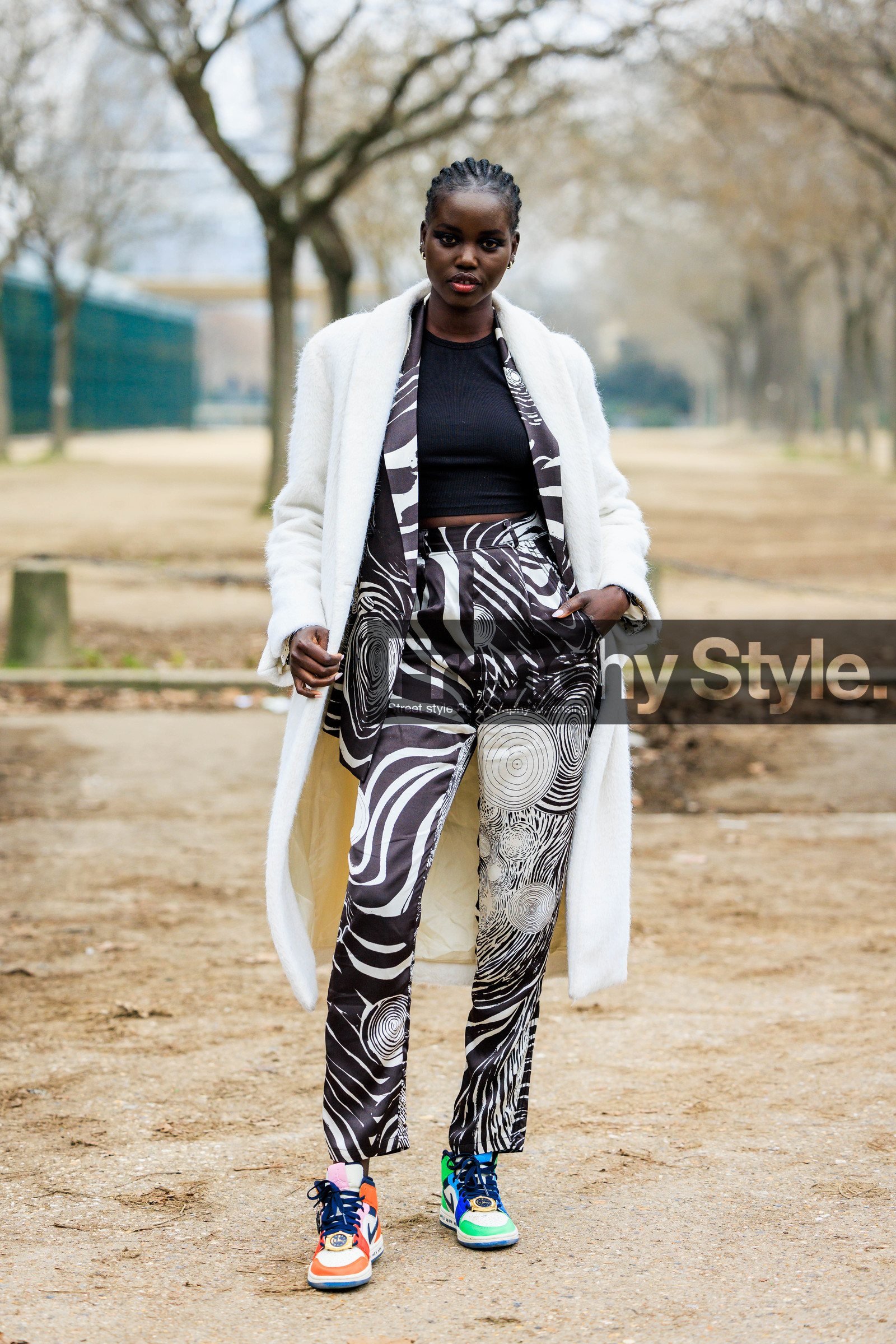 chanel, model, white coat, printed blazer, braids, black top, black and white blazer, printed pants, black and white pants, multicolor sneakers, nike, fashion week, frenchystyle, FW, jonathan paciullo, street style, PARIS, PFW, SPRING SUMMER 2022, SS 22, full length, vertical