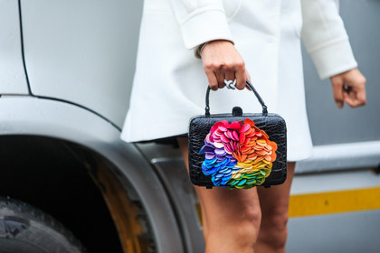 atmosphere details, AUTUMN WINTER 2016-2017, AW 16-17, black bag, detail, embroidered bag, FALL WINTER 2016-2017, fashion week, frenchystyle, FW, FW 16-17, horizontal, jonathan paciullo, leather bag, LFW, LONDON, MENSWEAR, multicolor bag, rings, street style, white coat, white jacket