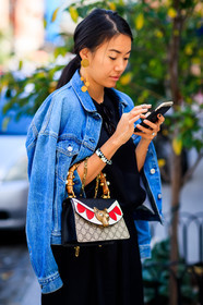 atmosphere details, black bag, blue denim, denim jacket, detail, earrings, fashion week, frenchystyle, FW, graphic bag, gucci, iphone, jonathan paciullo, leather bag, monogram, NEW YORK, NYFW, over the shoulder, printed bag, SPRING SUMMER 2018, SS 18, street style, vertical