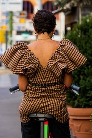 back, back detail, belt, bike, check, checked jumpsuit, leather belt, oversize shoulders, pearl earrings, print, red dots, ruffles, short hair, yellow jumpsuit, fashion week, frenchystyle, FW, jonathan paciullo, street style, MFW, MILAN, SPRING SUMMER 2022, SS 22, vertical, atmosphere details, detail