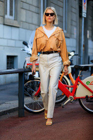 linda tol, tol sunglasses, beige leather top, beige hoodie, white leather pants, black leather belt, diamond earrings, square shape earrings, yellow leather sandals, white t-shirt, sleeveless t-shirt, fashion week, frenchystyle, FW, jonathan paciullo, street style, MFW, MILAN, AUTUMN WINTER 2020-2021, FALL WINTER 2020-2021, FW 20-21, vertical, full length