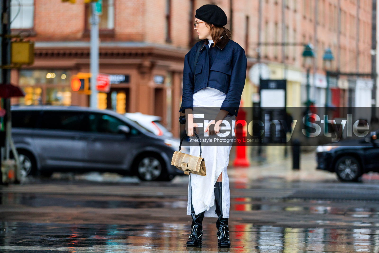 beige bag, beret, black hat, black shoes, blue jacket, graphic bag, high boots, high heels, leather bag, leather shoes, printed bag, studs, sunglasses, white dress, street style, jonathan paciullo, FW, frenchystyle, fashion week, NYFW, NEW YORK, AUTUMN WINTER 2018-2019, AW 18-19, FALL WINTER 2018-2019, FW 18-19, atmosphere details, horizontal, full length