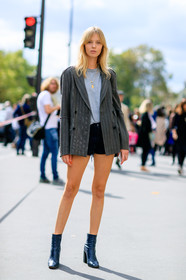 black boots, black denim, blazer, denim shorts, fashion week, frenchystyle, full length, FW, grey jacket, grey t shirt, high heels, jonathan paciullo, leather shoes, model, PARIS, PFW, SPRING SUMMER 2017, SS 17, street style, Ulrikke Hoeyer, vertical