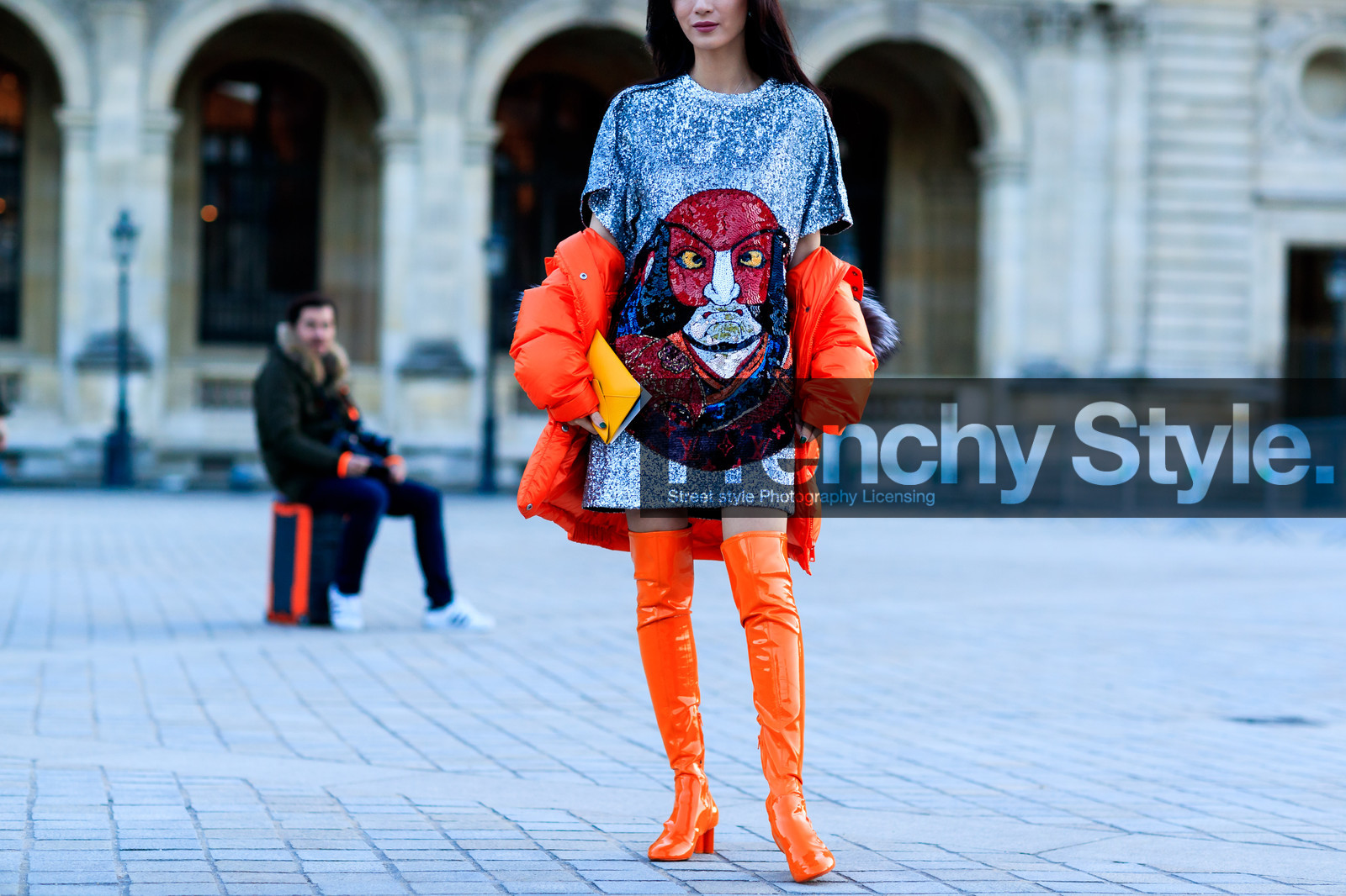 down jacket, glitter, graphic dress, high boots, high heels, leather bag, leather shoes, off the shoulder, orange jacket, orange shoes, printed dress, sequined dress, shiny dress, street style, jonathan paciullo, FW, frenchystyle, fashion week, PFW, PARIS, AUTUMN WINTER 2018-2019, FALL WINTER 2018-2019, FW 18-19, horizontal, atmosphere details