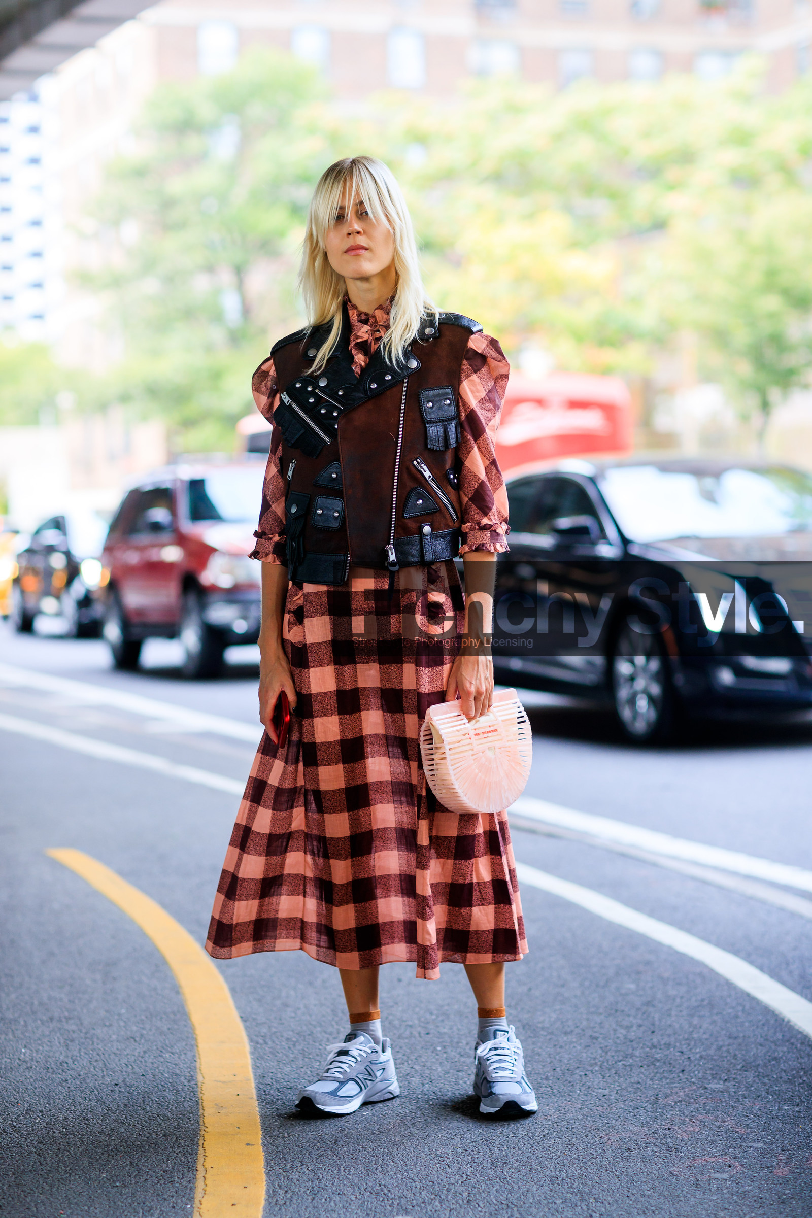 black jacket, brown jacket, checked dress, fashion week, frenchystyle, full length, FW, graphic bag, graphic dress, grey sneakers, jonathan paciullo, leather bag, leather jacket, leather perfecto, leather shoes, NEW YORK, nike, NYFW, orange dress, pink bag, plaid, printed dress, sleeveless, SPRING SUMMER 2018, SS 18, street style, vertical