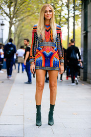 balmain, chiara ferragni, embroidered dress, fashion week, frenchystyle, full length, FW, graphic dress, green boots, high heels, jonathan paciullo, leather shoes, multicolor dress, PARIS, PFW, printed dress, SPRING SUMMER 2017, SS 17, street style, vertical