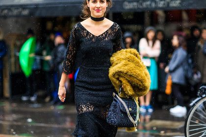 atmosphere details, AUTUMN WINTER 2016-2017, AW 16-17, black bag, black dress, choker, detail, dolce & gabbana, FALL WINTER 2016-2017, fashion week, frenchystyle, fur jacket, FW, FW 16-17, horizontal, jonathan paciullo, lace dress, LFW, LONDON, MENSWEAR, mustard, necklace, see through, street style, yellow fur