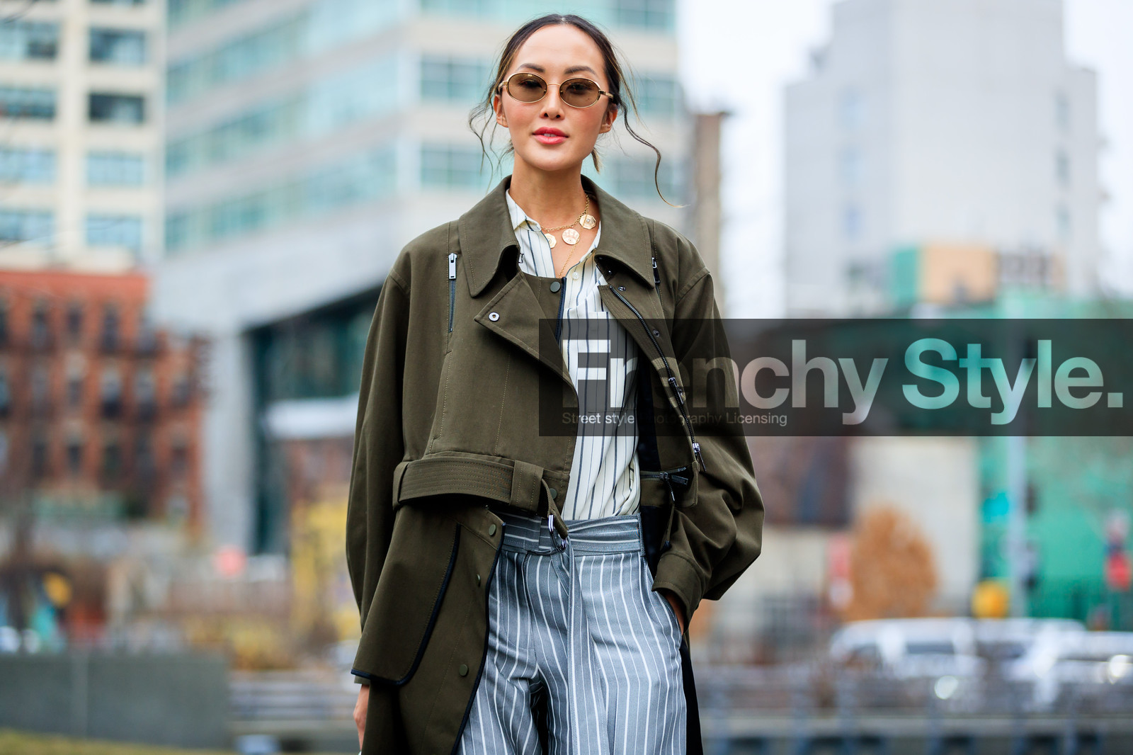 blue pants, graphic pants, green jacket, necklace, printed pants, striped pants, striped shirt, sunglasses, trousers, white shirt, street style, jonathan paciullo, FW, frenchystyle, fashion week, NYFW, NEW YORK, AUTUMN WINTER 2018-2019, AW 18-19, FALL WINTER 2018-2019, FW 18-19, atmosphere details, horizontal, detail, Chriselle Lim