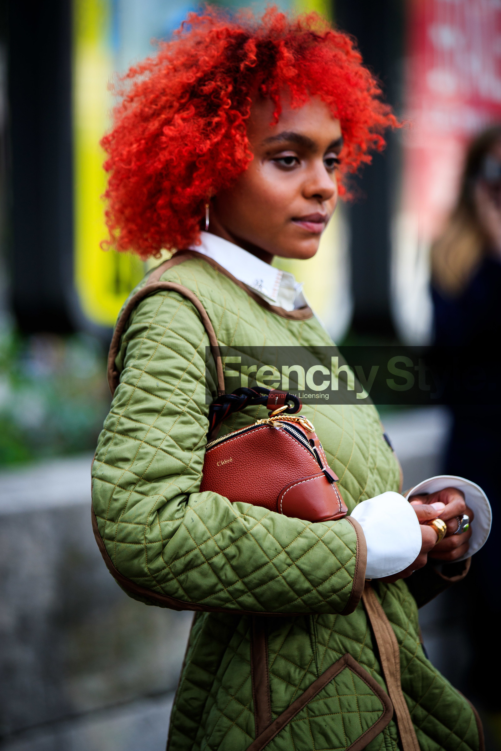 kaki coat, kaki jacket, quilted jacket, down jacket, red hair, brown leather bag, chloe bag, bag detail, close up detail, fashion week, frenchystyle, FW, jonathan paciullo, street style, PFW, PARIS, SPRING SUMMER 2021, SS 21, vertical, atmosphere details, detail