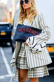 atmosphere details, beige jacket, beige skirt, black bag, blazer, detail, fashion week, frenchystyle, FW, geometric, givenchy, graphic jacket, jonathan paciullo, leather bag, NEW YORK, NYFW, pleated skirt, pleats, printed jacket, printed skirt, SPRING SUMMER 2018, SS 18, street style, striped jacket, striped skirt, sunglasses, vertical, xenia van der woodsen