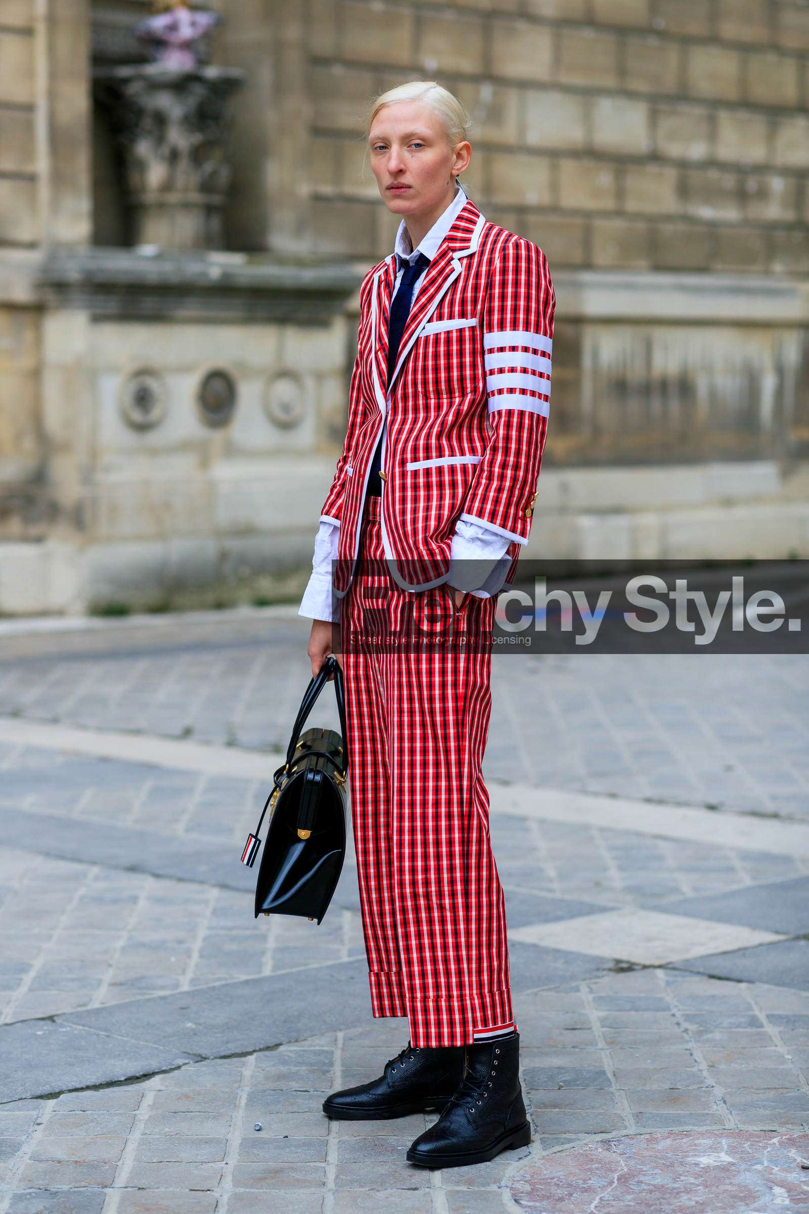 black bag, black shoes, black tie, blazer, checked, graphic jacket, graphic pants, leather bag, leather shoes, model, plaid, printed jacket, printed pants, red jacket, red pants, stripes, thom browne, trousers, white shirt, PARIS, PFW, street style, jonathan paciullo, FW, frenchystyle, fashion week, AUTUMN WINTER 2019-2020, AW 19-20, FALL WINTER 2019-2020, FW 19-20, vertical, full length