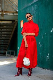 bordeaux, burgundy, evangelie smyrniotaki, fashion week, frenchystyle, full length, FW, high heels, jonathan paciullo, leather bag, leather shoes, NEW YORK, NYFW, red boots, red dress, SPRING SUMMER 2018, SS 18, street style, sunglasses, vertical, white bag