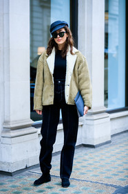 beige jacket, black hat, black shoes, black sweater, blue denim, denim pants, jeans, leather bag, leather shoes, shearling, sunglasses, sylvia haghjoo, trousers, street style, jonathan paciullo, FW, frenchystyle, fashion week, LFW, LONDON, AUTUMN WINTER 2019-2020, AW 19-20, FW 19-20, FALL WINTER 2019-2020, vertical, full length