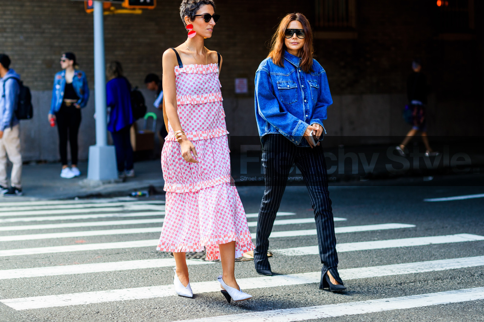 atmosphere details, black pants, black shoes, blue denim, cartier, checked dress, Christine Centenera, denim shirt, earrings, fashion week, frenchystyle, full length, FW, graphic dress, graphic pants, high heels, horizontal, jonathan paciullo, leather shoes, NEW YORK, NYFW, pink dress, plaid, printed dress, printed pants, SPRING SUMMER 2018, SS 18, street style, striped pants, sunglasses, trousers, watch, white shoes, yasmin sewell