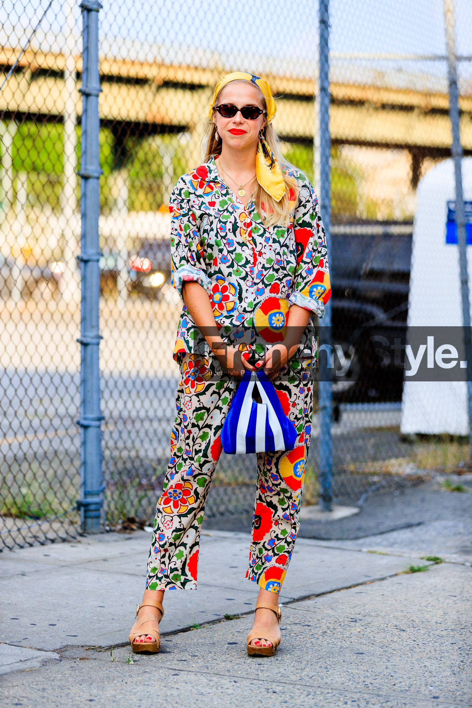 beige shoes, blue bag, chloe king, floral, flowers, graphic bag, graphic pants, graphic shirt, headscarf, leather bag, leather shoes, multicolor pants, multicolor shirt, pajamas, printed bag, printed pants, printed shirt, red lips, striped bag, sunglasses, trousers, yellow scarf, fashion week, frenchystyle, FW, jonathan paciullo, street style, NYFW, NEW YORK, SPRING SUMMER 2019, SS 19, vertical, full length