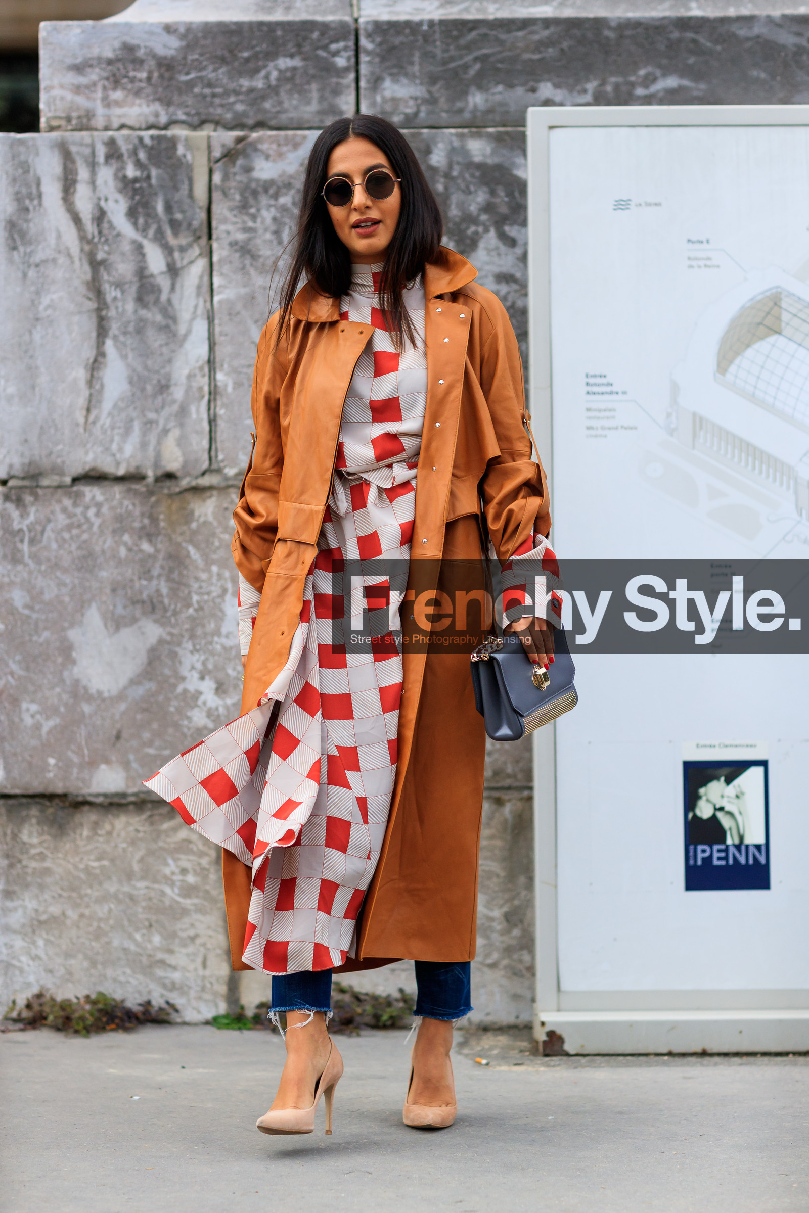 camel coat, checked dress, fashion week, frenchystyle, full length, FW, graphic bag, graphic dress, grey bag, high heels, jonathan paciullo, leather bag, leather coat, leather shoes, nude shoes, PARIS, PFW, plaid, printed bag, printed dress, red dress, SPRING SUMMER 2018, SS 18, street style, sunglasses, vertical, nausheen shah